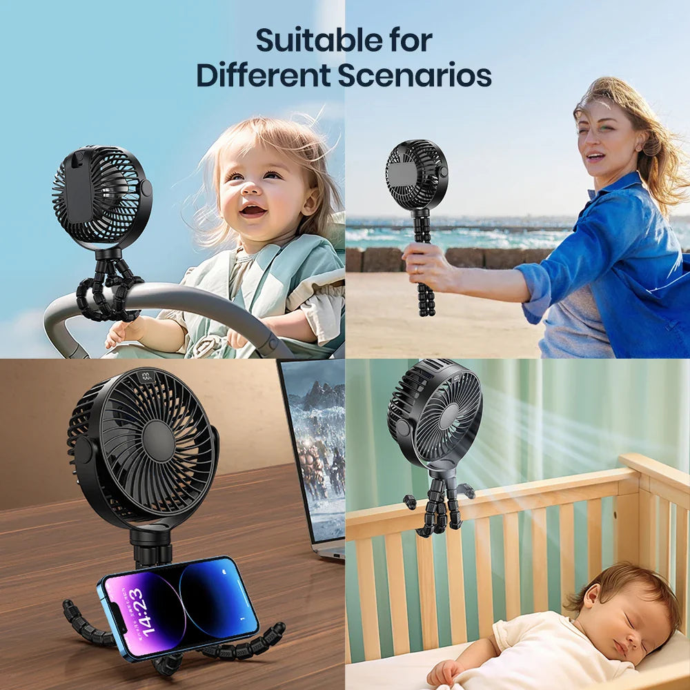 Portable Stroller Fan - 5000mAh Battery, LED Display, Flexible Tripod Clip-On with 4 Speeds