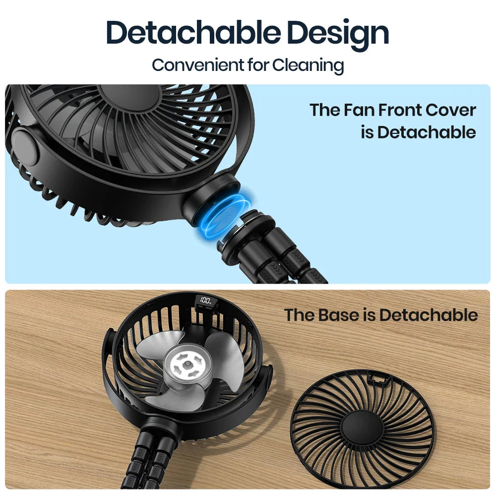 Portable Stroller Fan - 5000mAh Battery, LED Display, Flexible Tripod Clip-On with 4 Speeds